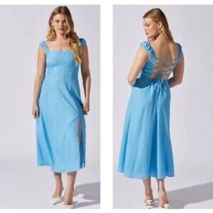 ASTR The Label Crinkle Shoulder Midi Dress M Blue Lace Up Cottagecore Holidays